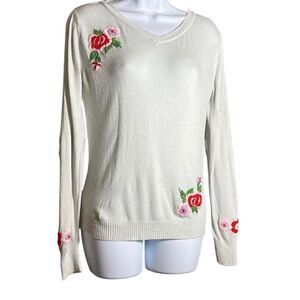 Tulle Elbow Patch Floral V-Neck Sweater Size M